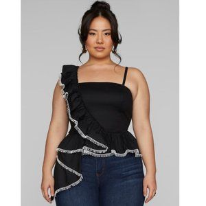 FASHION TO FIGURE, "Stefania" Ruffle Detail Peplum Top, NWT, Size 0X (plus sz 0)
